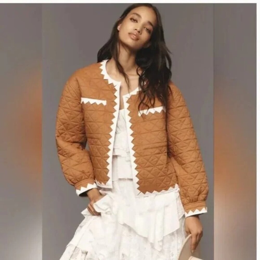 Anthropologie Tan Bronze Zig Zag Trim Quilted Boxy Jacket Womens Size M/L NEW